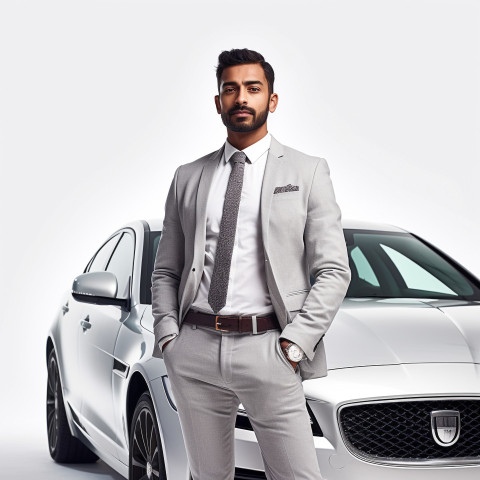Confident handsome indian man automotive marketing and advertising specialist at work on isolated white background Confident handsome indian man automotive marketing and advertising specialist at work on isolated white background
