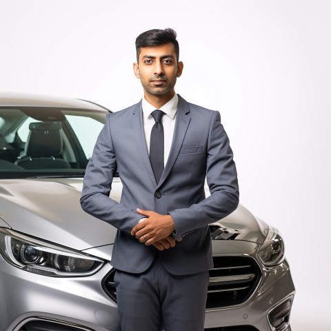 Confident handsome indian man automotive safety compliance specialist at work on isolated white background Confident handsome indian man automotive safety compliance specialist at work on isolated white background