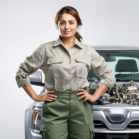 Confident beautiful indian woman automotive service technician at work on isolated white background Confident beautiful indian woman automotive service technician at work on isolated white background