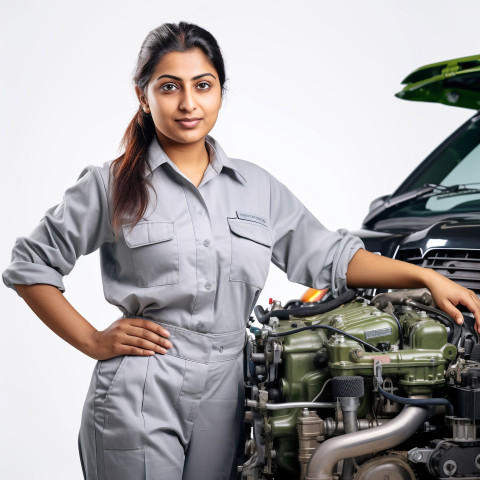 Confident beautiful indian woman automotive service technician at work on isolated white background Confident beautiful indian woman automotive service technician at work on isolated white background