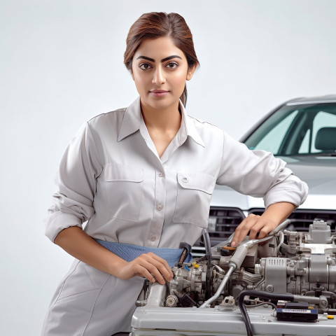 Confident beautiful indian woman automotive service technician at work on isolated white background Confident beautiful indian woman automotive service technician at work on isolated white background