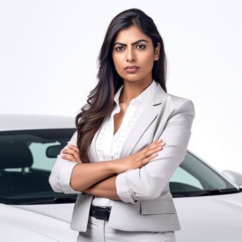Confident beautiful indian woman automotive safety compliance specialist at work on isolated white background Confident beautiful indian woman automotive safety compliance specialist at work on isolated white background