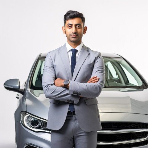 Confident handsome indian man automotive safety compliance specialist at work on isolated white background Confident handsome indian man automotive safety compliance specialist at work on isolated white background