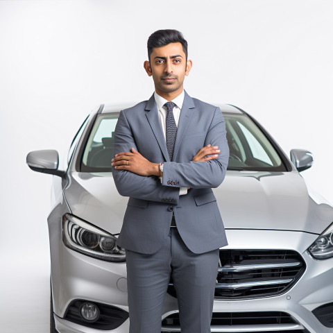 Confident handsome indian man automotive safety compliance specialist at work on isolated white background Confident handsome indian man automotive safety compliance specialist at work on isolated white background