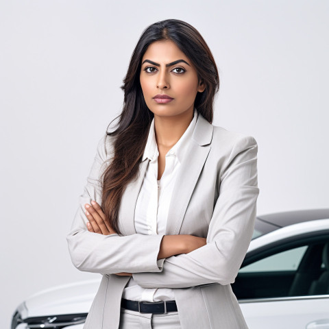 Confident beautiful indian woman automotive safety compliance specialist at work on isolated white background Confident beautiful indian woman automotive safety compliance specialist at work on isolated white background