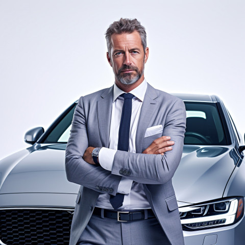 Confident handsome man automotive sales manager at work on isolated white background Confident handsome man automotive sales manager at work on isolated white background