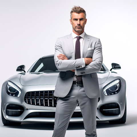 Confident handsome man automotive sales manager at work on isolated white background Confident handsome man automotive sales manager at work on isolated white background