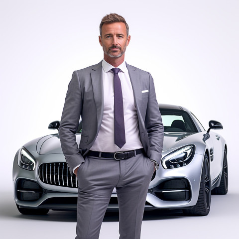 Confident handsome man automotive sales manager at work on isolated white background Confident handsome man automotive sales manager at work on isolated white background