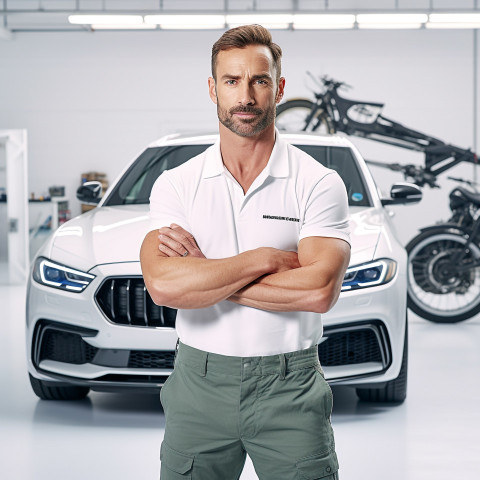 Confident handsome man automotive training instructor at work on isolated white background Confident handsome man automotive training instructor at work on isolated white background