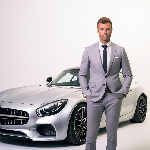 Confident handsome man automotive sales manager at work on isolated white background Confident handsome man automotive sales manager at work on isolated white background