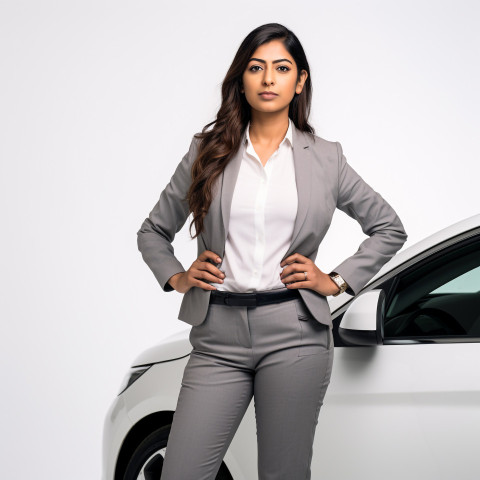 Confident beautiful indian woman automotive sales representative at work on isolated white background Confident beautiful indian woman automotive sales representative at work on isolated white background