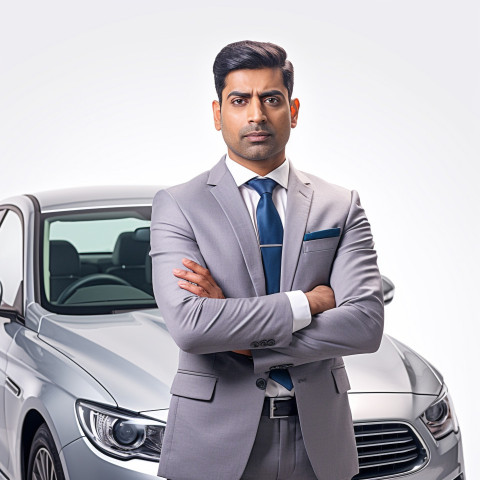 Confident handsome indian man automotive compliance and safety officer at work on isolated white background Confident handsome indian man automotive compliance and safety officer at work on isolated white background