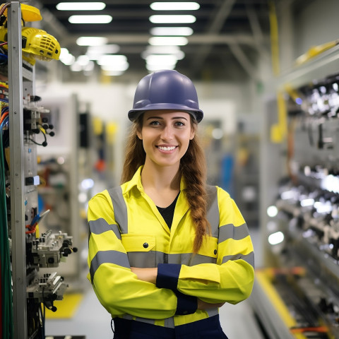 Smiling female automation engineer working blured background Smiling female automation engineer working blured background