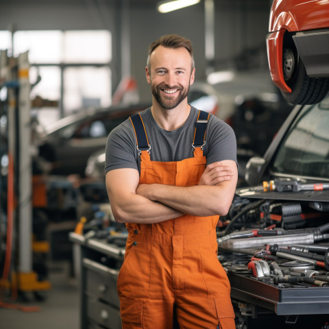 Friendly smiling handsome man mechanic at work blured background Friendly smiling handsome man mechanic at work blured background