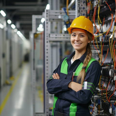 Smiling female automation engineer working blured background Smiling female automation engineer working blured background
