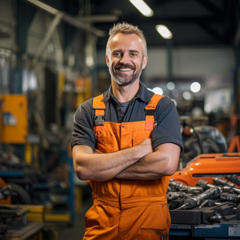 Friendly smiling handsome man mechanic at work blured background Friendly smiling handsome man mechanic at work blured background