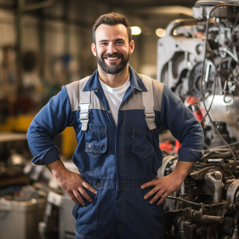 Friendly smiling handsome man mechanic at work blured background Friendly smiling handsome man mechanic at work blured background