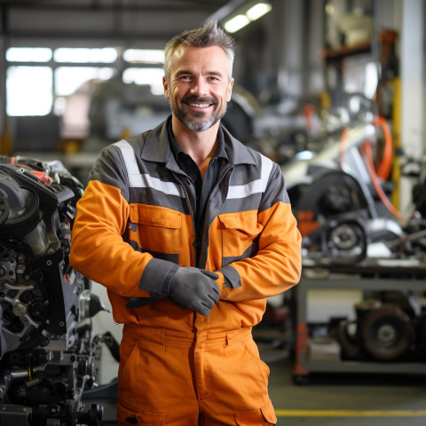 Friendly smiling handsome man mechanic at work blured background Friendly smiling handsome man mechanic at work blured background