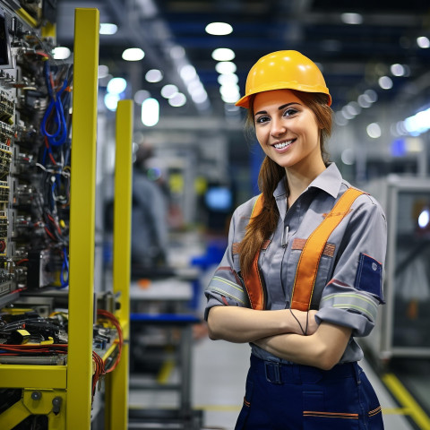 Smiling female automation engineer working blured background Smiling female automation engineer working blured background