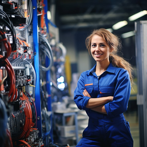 Smiling female automation engineer working blured background Smiling female automation engineer working blured background