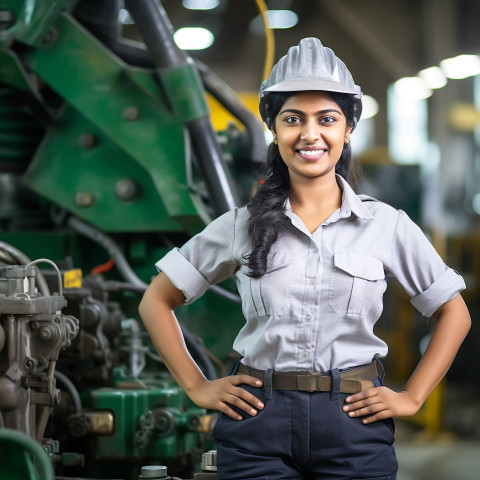 Indian woman chief engineer smiling at work on blured background Indian woman chief engineer smiling at work on blured background