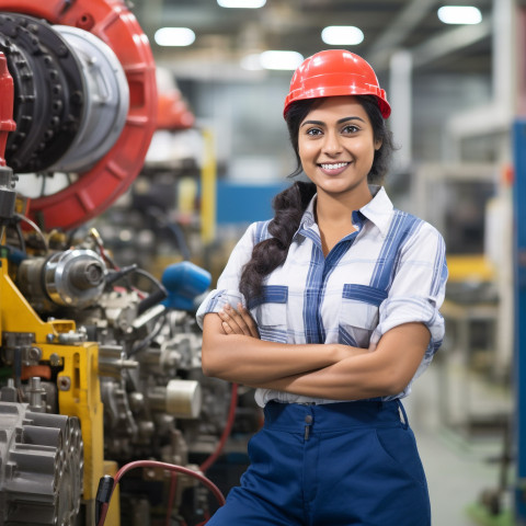 Indian woman chief engineer smiling at work on blured background Indian woman chief engineer smiling at work on blured background