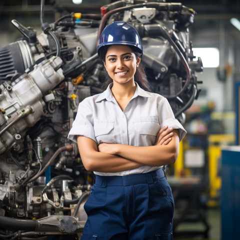 Indian woman chief engineer smiling at work on blured background Indian woman chief engineer smiling at work on blured background