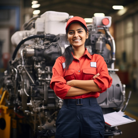 Indian woman chief engineer smiling at work on blured background Indian woman chief engineer smiling at work on blured background