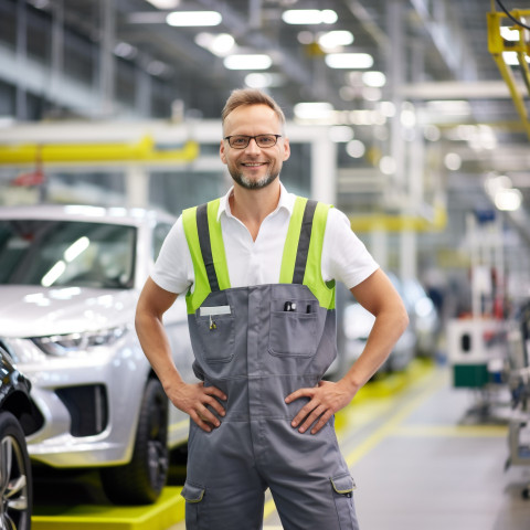 Friendly car factory engineer at work on blured background Friendly car factory engineer at work on blured background