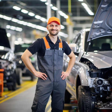 Friendly car factory engineer at work on blured background Friendly car factory engineer at work on blured background