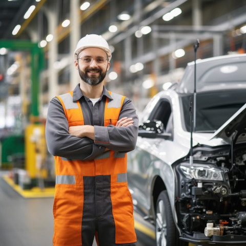 Friendly car factory engineer at work on blured background Friendly car factory engineer at work on blured background