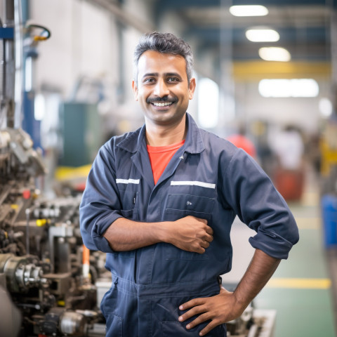Handsome Indian factory worker smiling at work on blured background Handsome Indian factory worker smiling at work on blured background