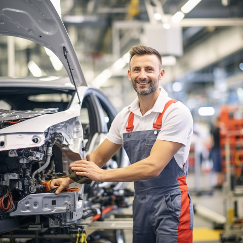 Friendly car factory engineer at work on blured background Friendly car factory engineer at work on blured background