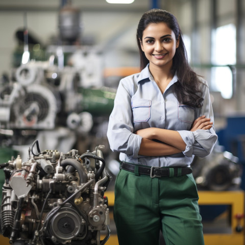 Indian woman engineer working with a smile on blurred background Indian woman engineer working with a smile on blurred background
