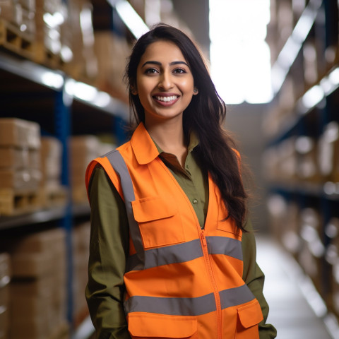 Indian woman warehouse worker smiles at work on blurred background Indian woman warehouse worker smiles at work on blurred background