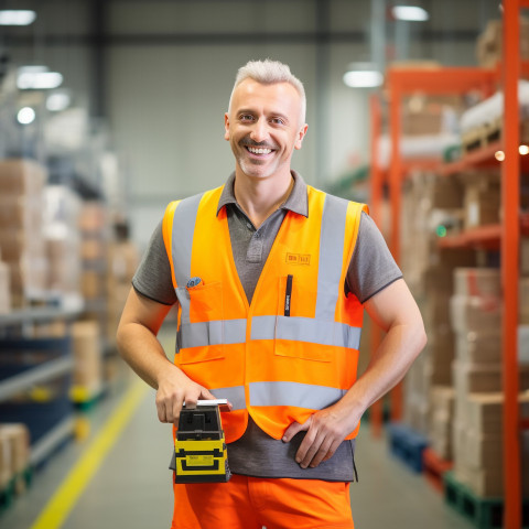 Smiling manufacturing supervisor at work on blurred background Smiling manufacturing supervisor at work on blurred background