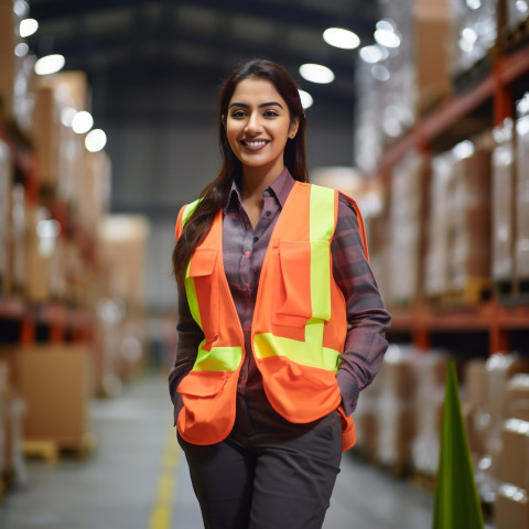 Indian woman warehouse worker smiles at work on blurred background Indian woman warehouse worker smiles at work on blurred background