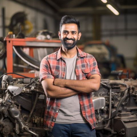 Happy Indian car mechanic working on blurred background Happy Indian car mechanic working on blurred background