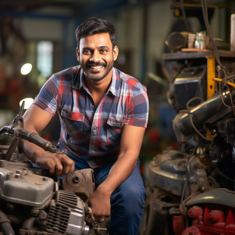 Happy Indian car mechanic working on blurred background Happy Indian car mechanic working on blurred background