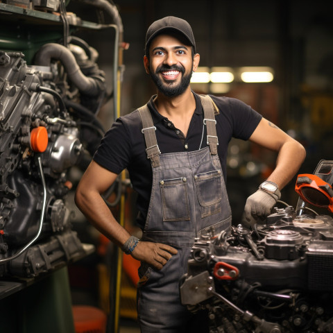 Happy Indian car mechanic working on blurred background Happy Indian car mechanic working on blurred background