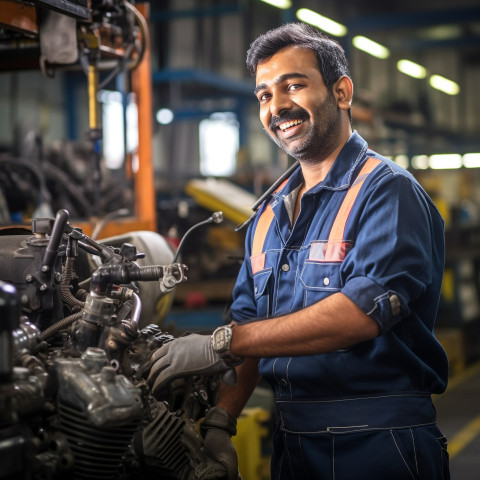 Happy Indian car mechanic working on blurred background Happy Indian car mechanic working on blurred background