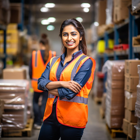 Indian woman warehouse worker smiles at work on blurred background Indian woman warehouse worker smiles at work on blurred background