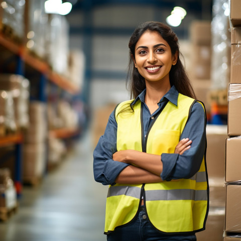 Indian woman warehouse worker smiles at work on blurred background Indian woman warehouse worker smiles at work on blurred background