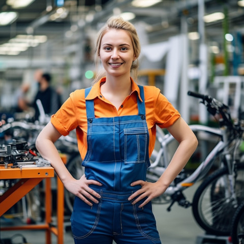 Smiling female bike engineer working in a factory on blurred background Smiling female bike engineer working in a factory on blurred background
