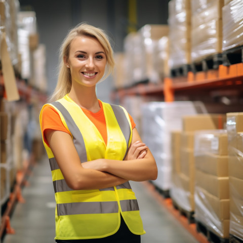Smiling woman factory worker at work on blurred background Smiling woman factory worker at work on blurred background