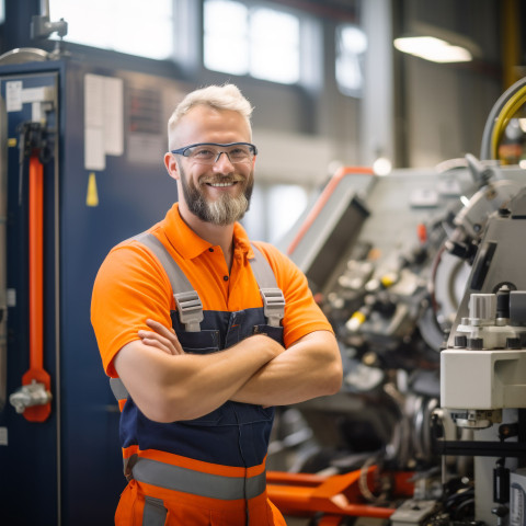 Smiling mechanical engineer working on blurred background Smiling mechanical engineer working on blurred background