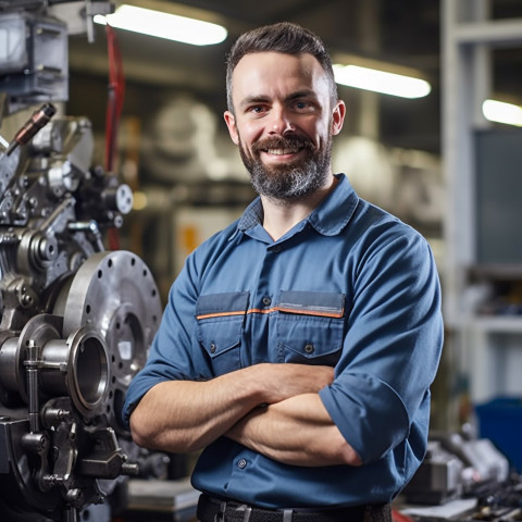 Smiling mechanical engineer working on blurred background Smiling mechanical engineer working on blurred background