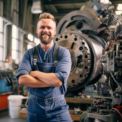 Smiling mechanical engineer working on blurred background Smiling mechanical engineer working on blurred background