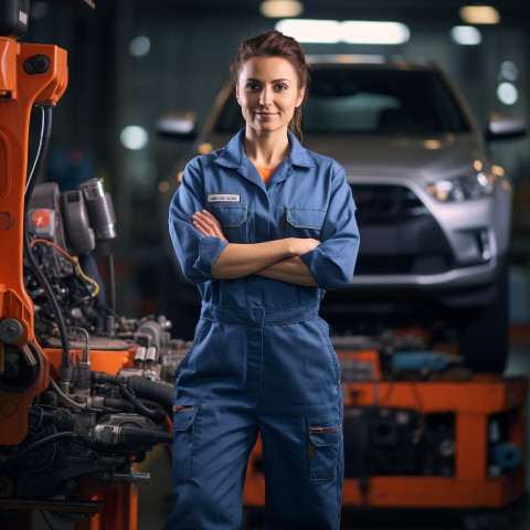 Female mechanic working confident and professional on blured background