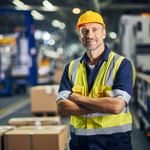 Confident assembly line worker on blurred background Confident assembly line worker on blurred background